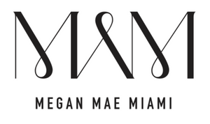 Black and white logo of Megan Mae Miami on a white background