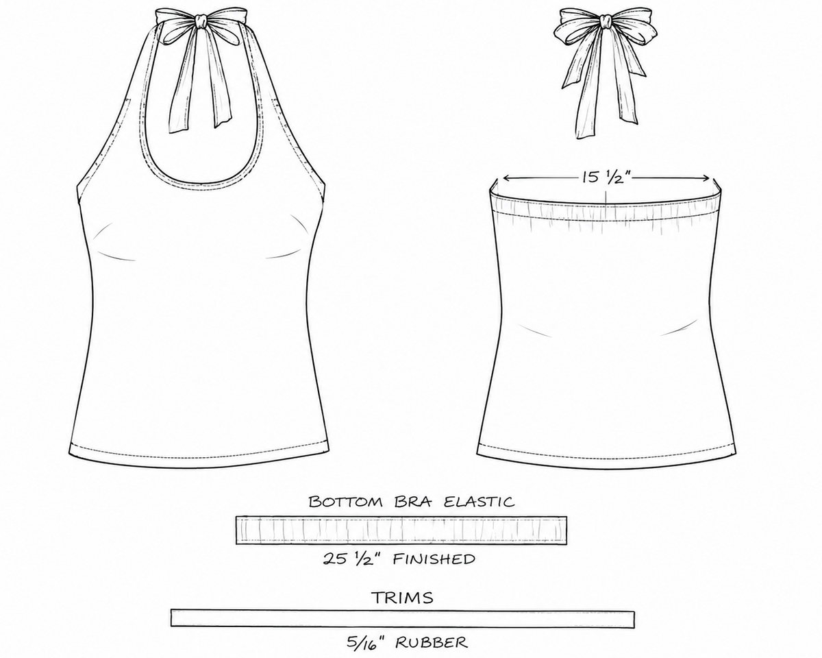 A flat drawing of halter top bathing suit for the start of tech pack creation